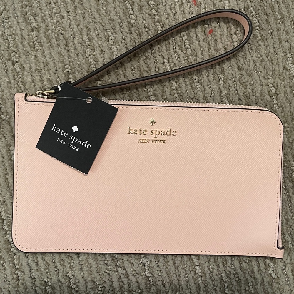 NEW Kate Spade Lucy Conch Pink Leather Medium L-Zip Wrist Walle
